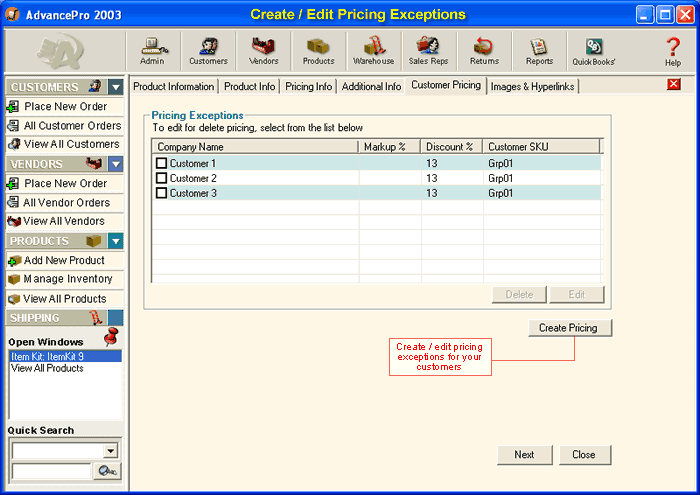 Products/Customer Pricing Exceptions