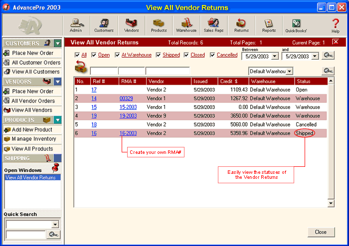 Returns/View All Vendor Returns