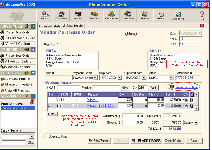 Vendors/Place Vendor Order Details