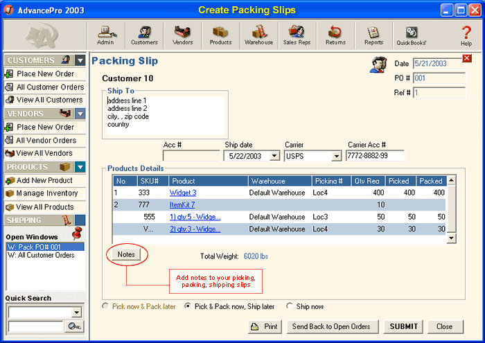 Warehouses/Packing Slip