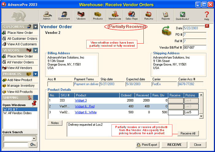 Warehouses/Partially Received Vendor Order