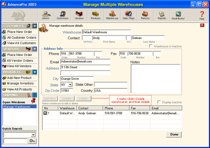 Warehouse/Manage Warehouses